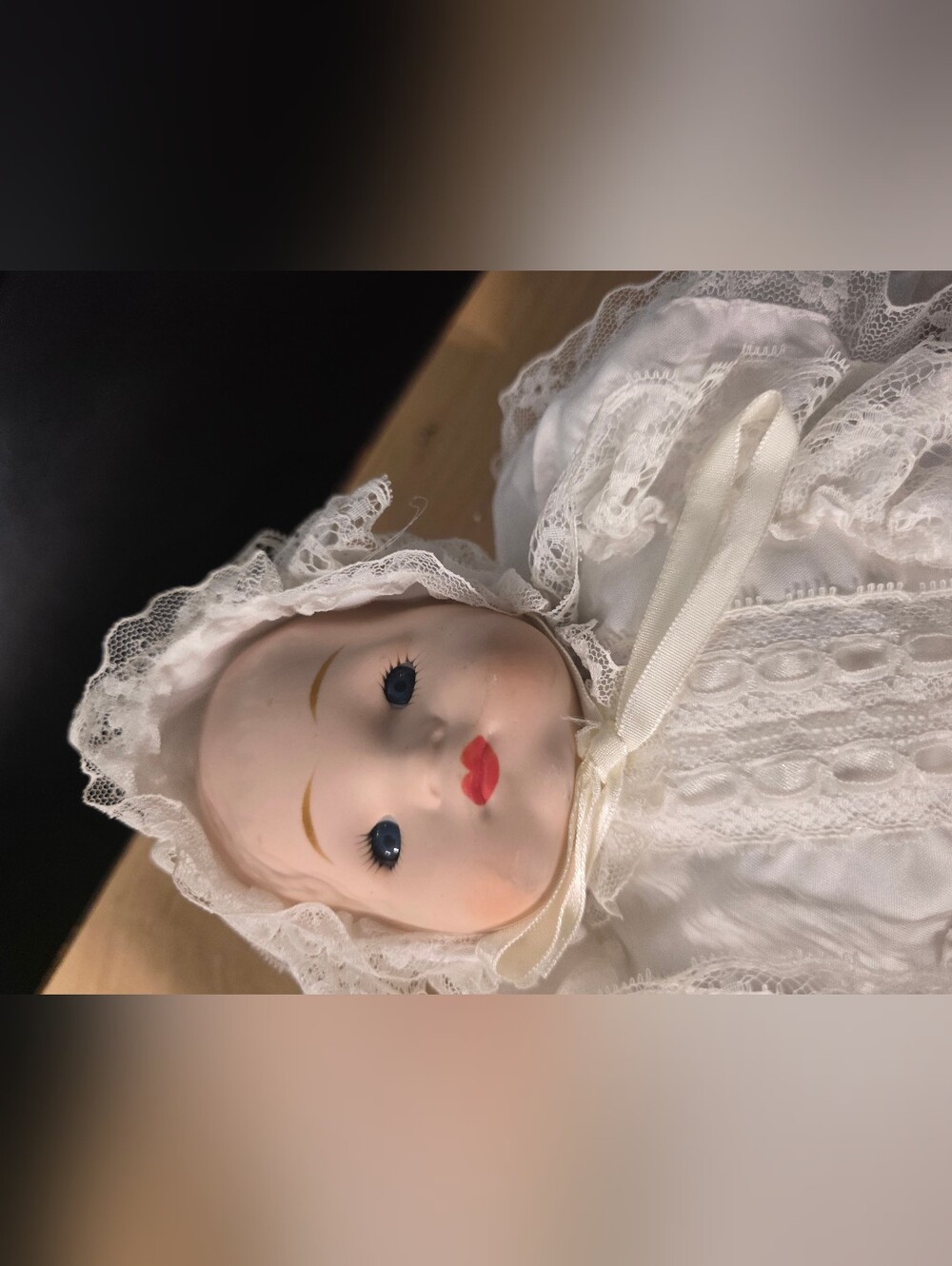 Vintage Porcelain Baby Doll with Lace Bonnet - White